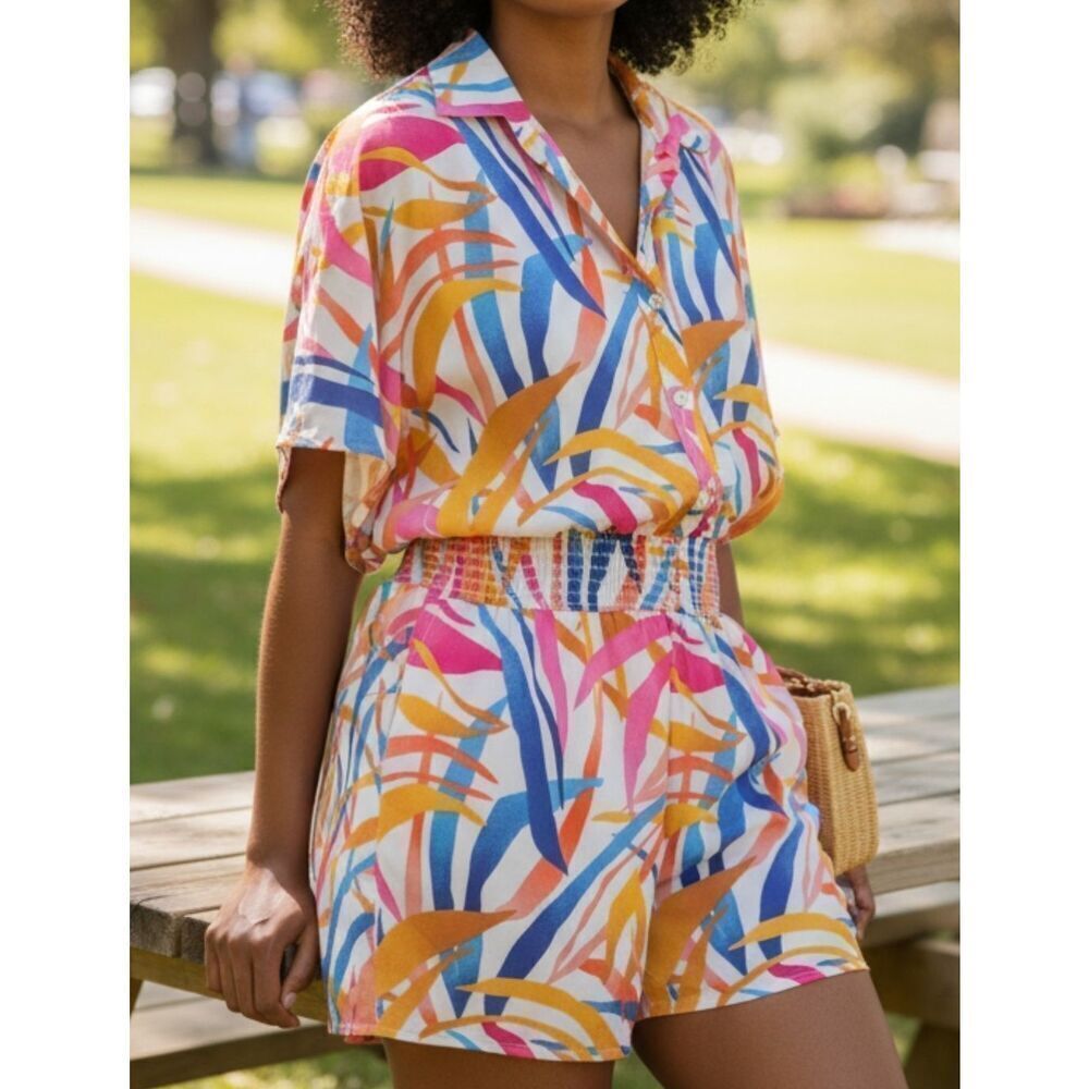 Adrienne Romper Womens Size M Colorful Print Short Sleeve Shirred Waist Casual
